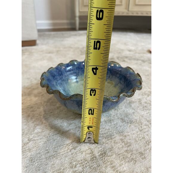 Beautiful Handmade Amber Blue Pottery Bowl Scalloped Edge - Picture 6 of 6